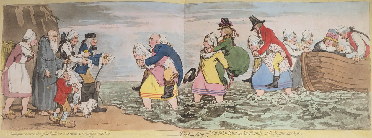 Le Debarquement du Chevalier John Bull et de sa famille a Boulogne sur Mer door Henry William Bunbury