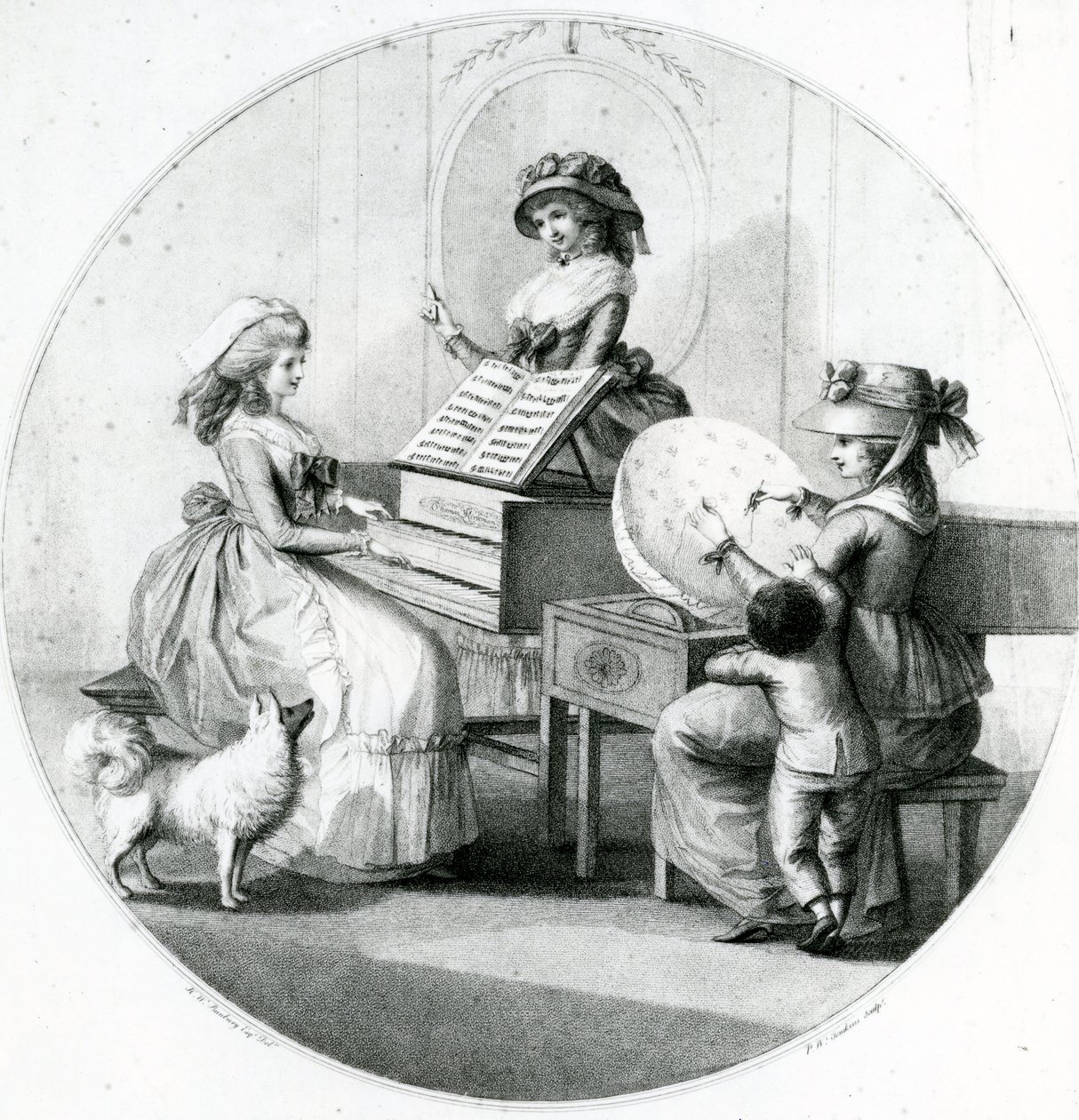 Ochtendbezigheden, drie jonge meisjes met spinet en borduurwerk door Henry William Bunbury