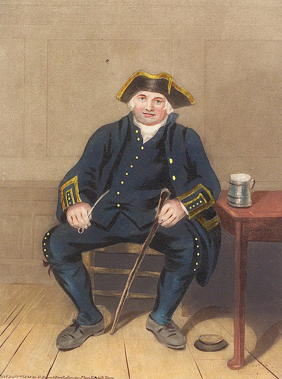 Portret van Greenwich-pensioengerechtigde, zittend met kleipijp en bierpul door Henry (after) Dawe