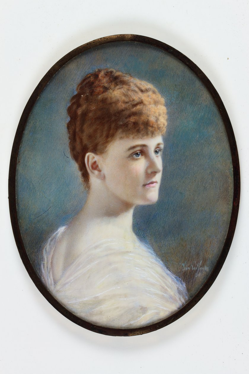 Een dame in een witte jurk, waarschijnlijk Frances Evelyn (Daisy) Greville, geboren Maynard, Lady Brooke, later Gravin van Warwick door Henry (attr.to) Van der Weyde