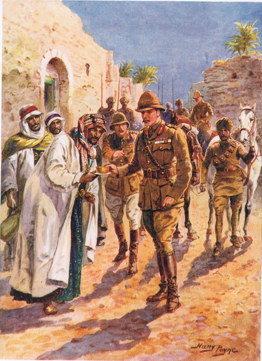 De gastvrijheid van de Arabische sjeik aan generaal Maude, illustratie uit Dappere daden door dappere mannen, door C. Sheridan Jones, uitgegeven 1922 door Henry A. 1868 1940 Payne