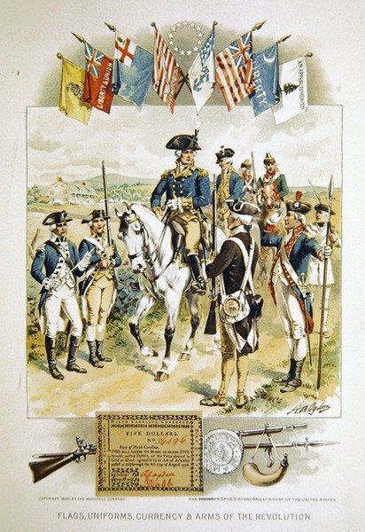 Amerikaanse vlaggen, uniformen, valuta en wapens van de revolutie, illustratie uit de 