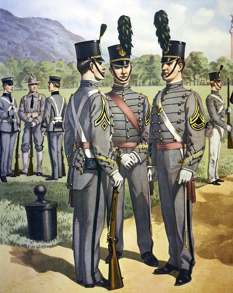 West Point Militaire Academie cadet uniformen van 1902-07 (kleur litho) door Henry Alexander (after) Ogden