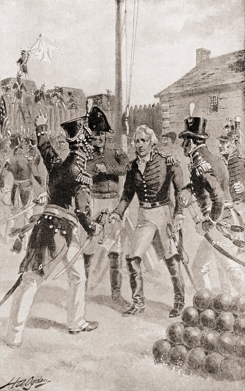 brigadegeneraal William Hull geeft het fort en de stad Detroit, Michigan, Amerika over tijdens het Beleg van Detroit, uit De Geschiedenis van Ons Land, gepubliceerd 1905 door Henry Alexander Ogden