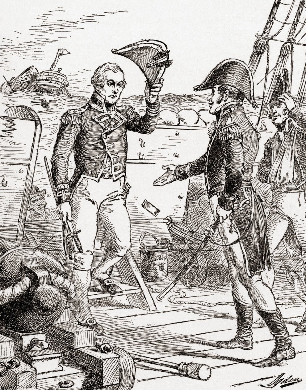 kapitein Dacres van de HMS Guerriere geeft zich over en biedt zijn zwaard aan kapitein Hull aan boord van de USS Constitution na zijn nederlaag tijdens de Oorlog van 1812, uit De Geschiedenis van Ons Land, gepubliceerd 1905 door Henry Alexander Ogden