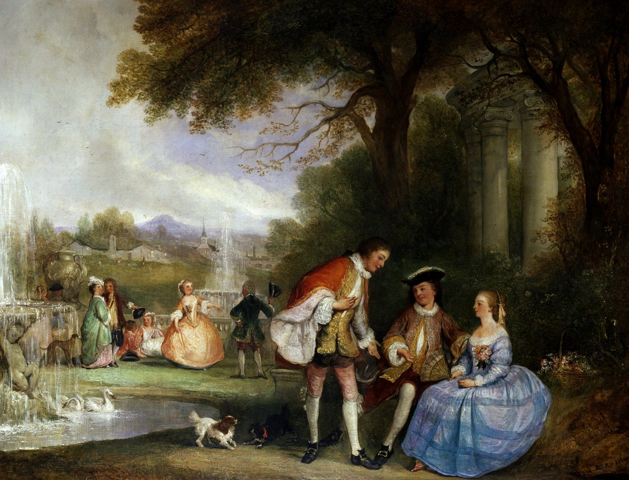 Neem me niet kwalijk. Scènes galantes in een tuin met fonteinen (eerbied). Schilderij van Henry Andrews (D.1868 Brits) Privécollectie door Henry Andrews