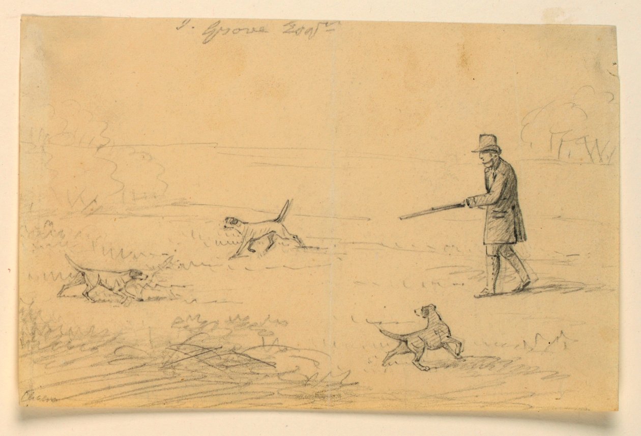 Studie van een heer met drie honden, jacht door Henry Bernard Chalon