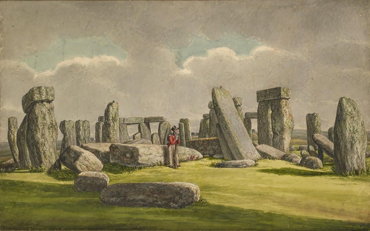 Stonehenge vanuit het W.Z.W., toont ruïnes met soldaat, 1824-1839 door Henry Browne