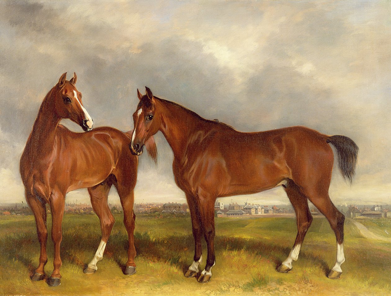 Jagers in een paddock, een stad daarachter door Henry Calvert