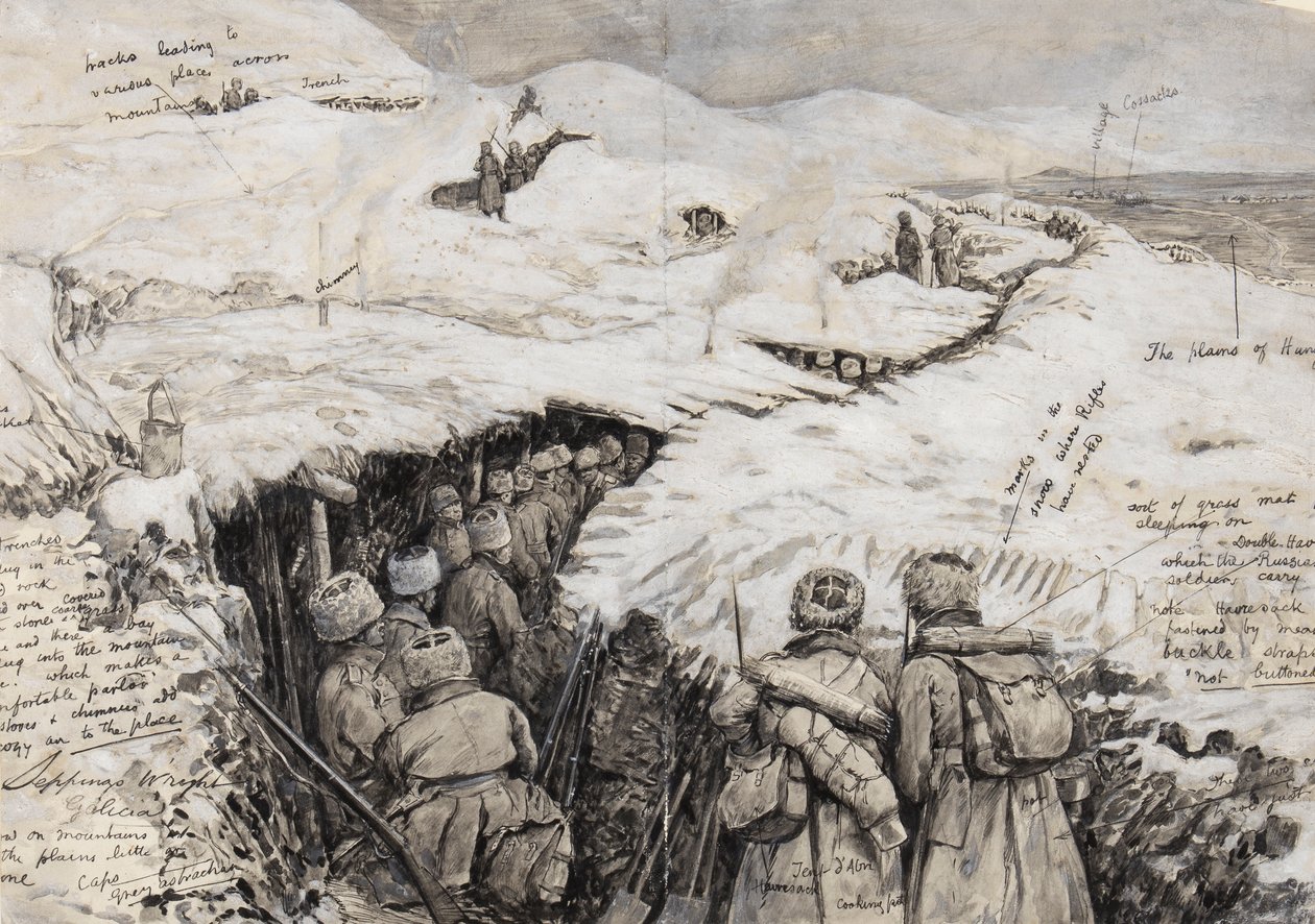 Galicië, Russische troepen in met sneeuw bedekte heuvels, 13 maart 1916 door Henry Charles Seppings Wright