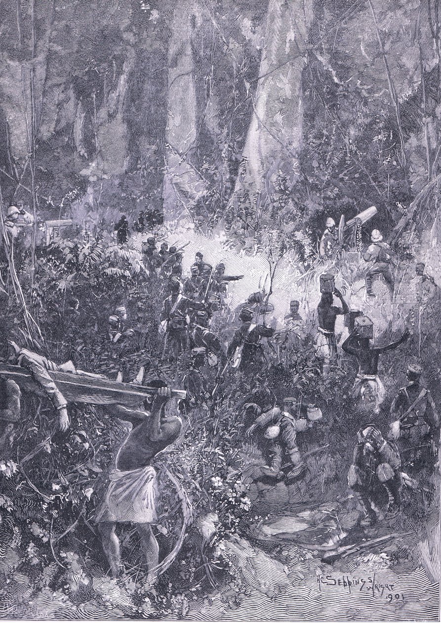 De Ashanti Oorlog 1900: Een gevecht in het bos, illustratie uit Cassells Geschiedenis van Engeland, 1900s door Henry Charles Seppings Wright