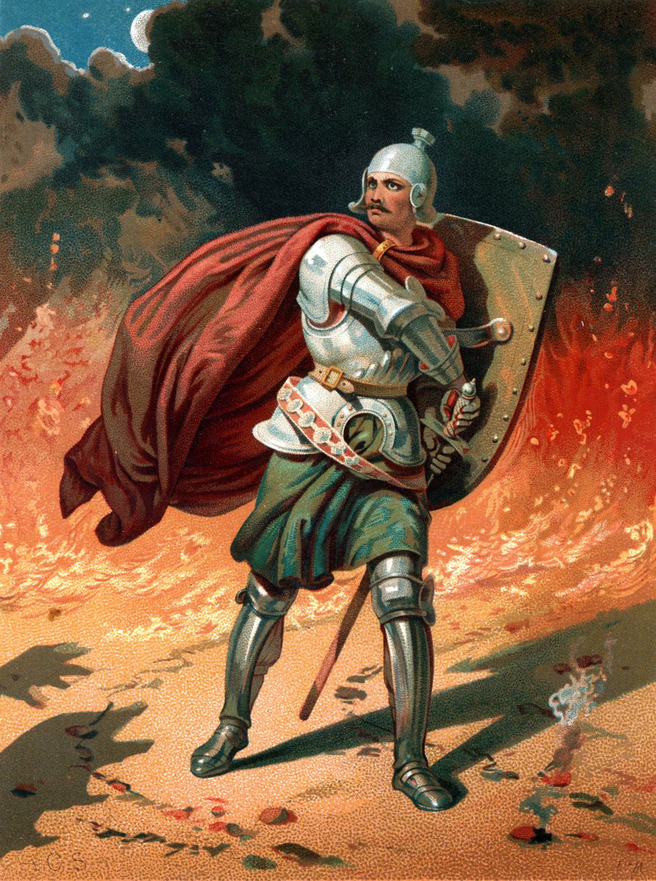 Christian, de pelgrim van de titel, in gevecht met Apollyon, de Vernietiger, de Engel van de Bodemloze Put door Henry Courtney Selous