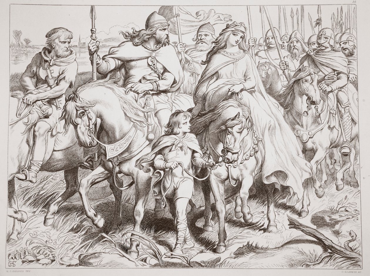 Hereward beschermt Alftruda naar een veilige plaats, illustratie uit Hereward the Great door Charles Kingsley, gegraveerd door C.G. Lewis door Henry Courtney Selous