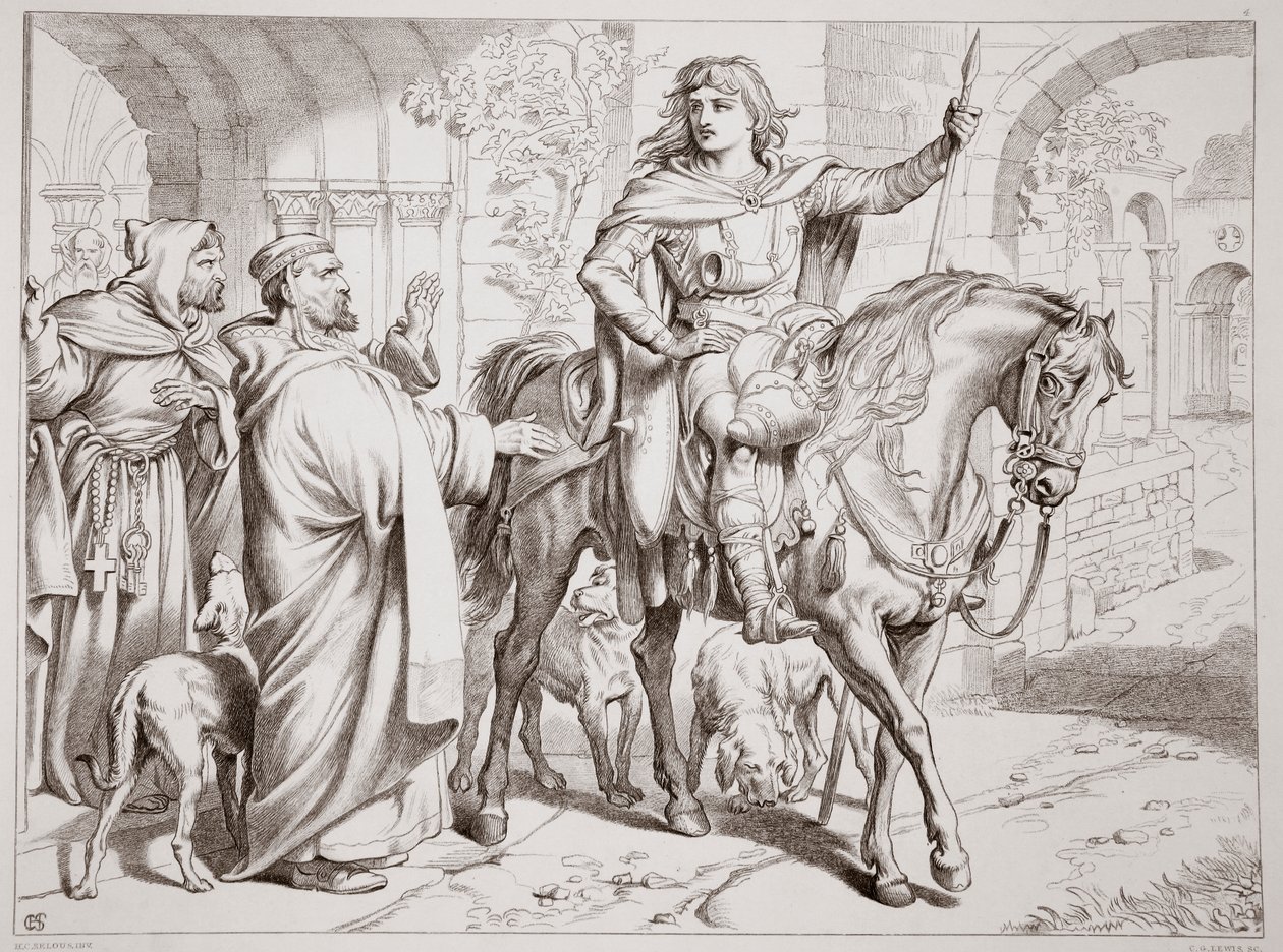 Hereward informeert zijn oom de Prior dat hij vogelvrij verklaard zal worden, illustratie uit Hereward de Grote door Charles Kingsley, uitgegeven 1870, gegraveerd door C.G. Lewis door Henry Courtney Selous