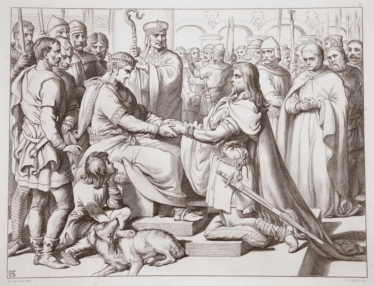 Hoe Hereward bij de koning kwam, illustratie uit Hereward the Great door Charles Kingsley, uitgegeven 1870, gegraveerd door C.G. Lewis door Henry Courtney Selous