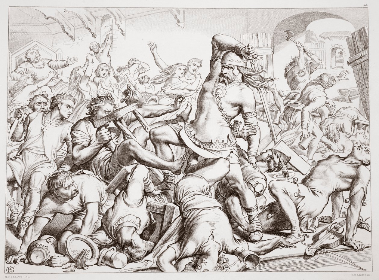 Hoe Hereward Bourne van Fransen zuiverde, illustratie uit Hereward the Great door Charles Kingsley, uitgegeven 1870 door Henry Courtney Selous