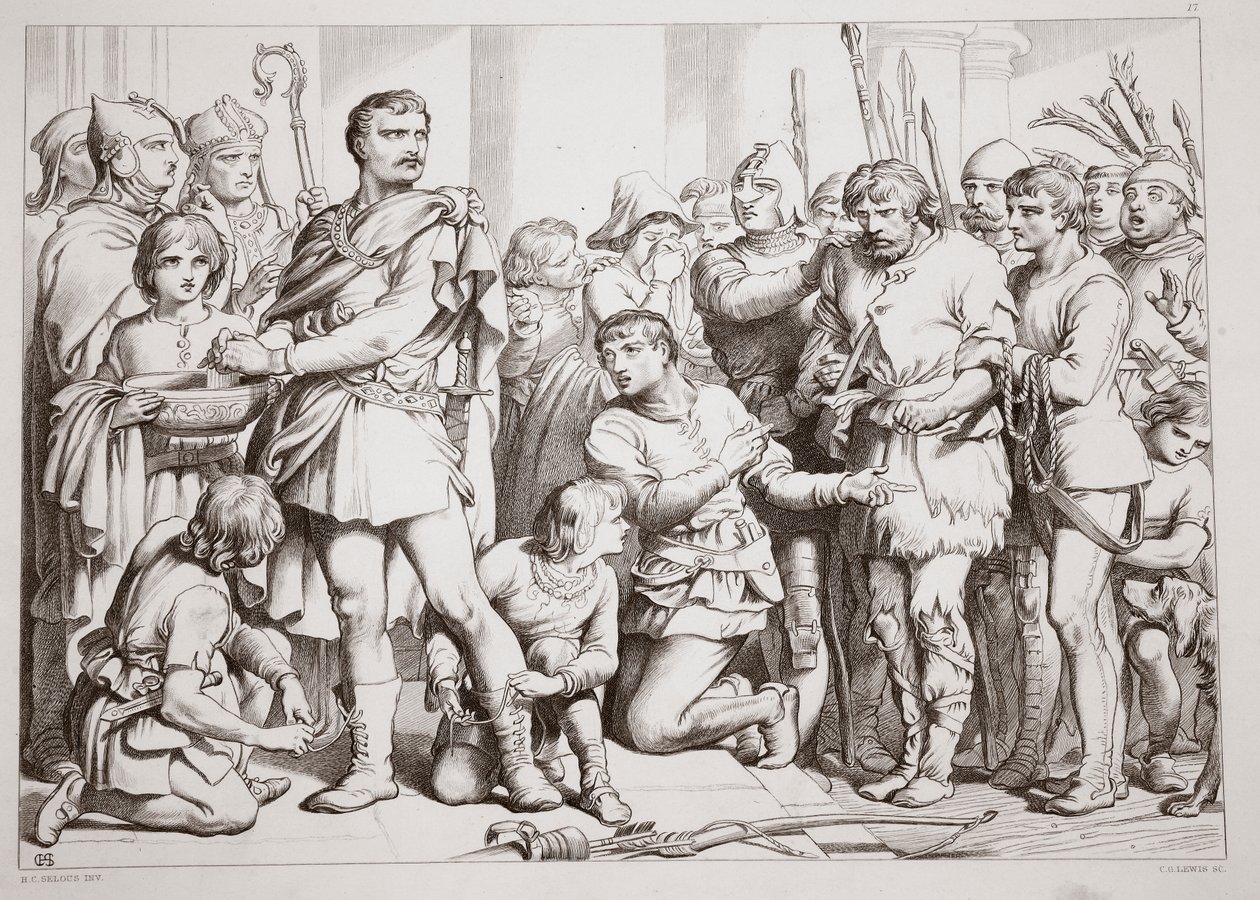 Hoe Hereward de pottenbakker speelde en de koning bedroog, illustratie uit Hereward the Great door Charles Kingsley, uitgegeven 1870, gegraveerd door C.G. Lewis door Henry Courtney Selous