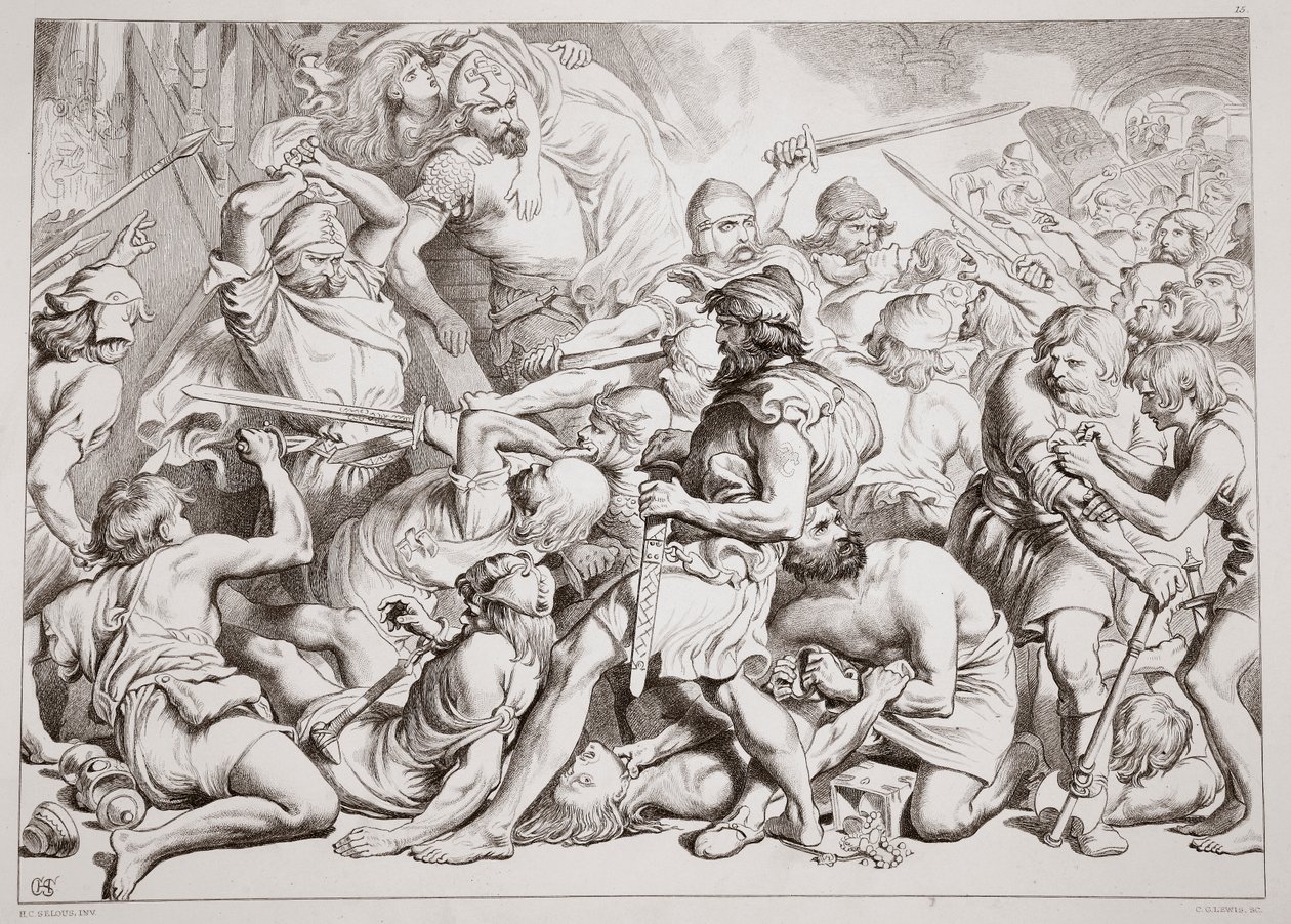 Hoe Hereward Alftruda Redt, illustratie uit Hereward the Great door Charles Kingsley, uitgegeven 1870, gegraveerd door C.G. Lewis door Henry Courtney Selous