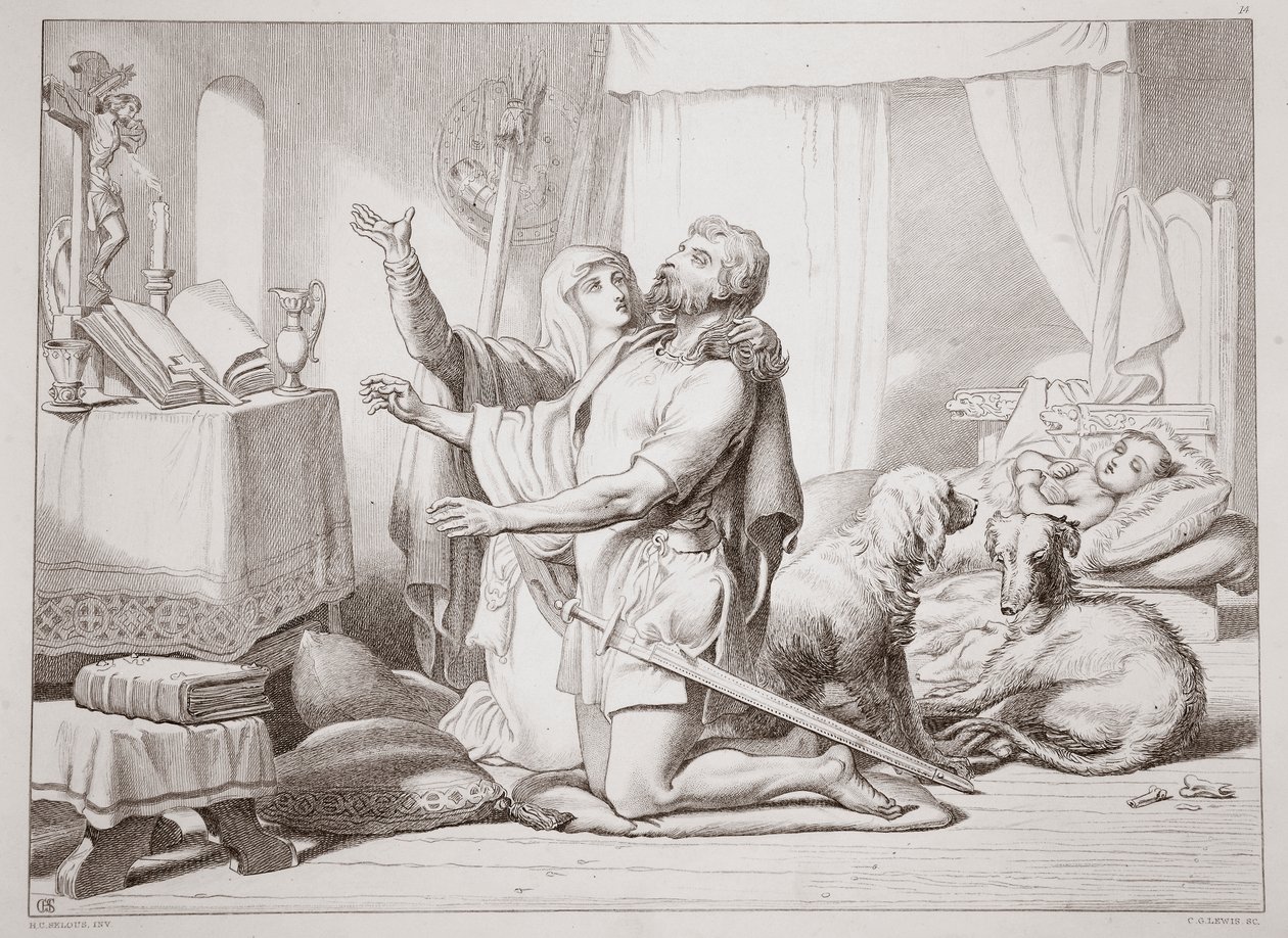 Hoe Torfrida Hereward leert bidden, illustratie uit Hereward the Great door Charles Kingsley, gegraveerd door C.G. Lewis door Henry Courtney Selous