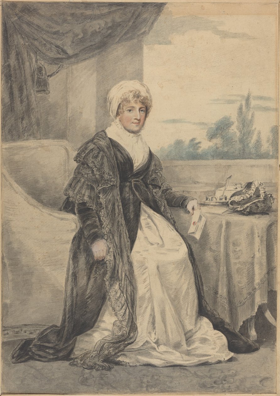 Vrouw zittend aan een tafel, met een brief in de hand door Henry Edridge