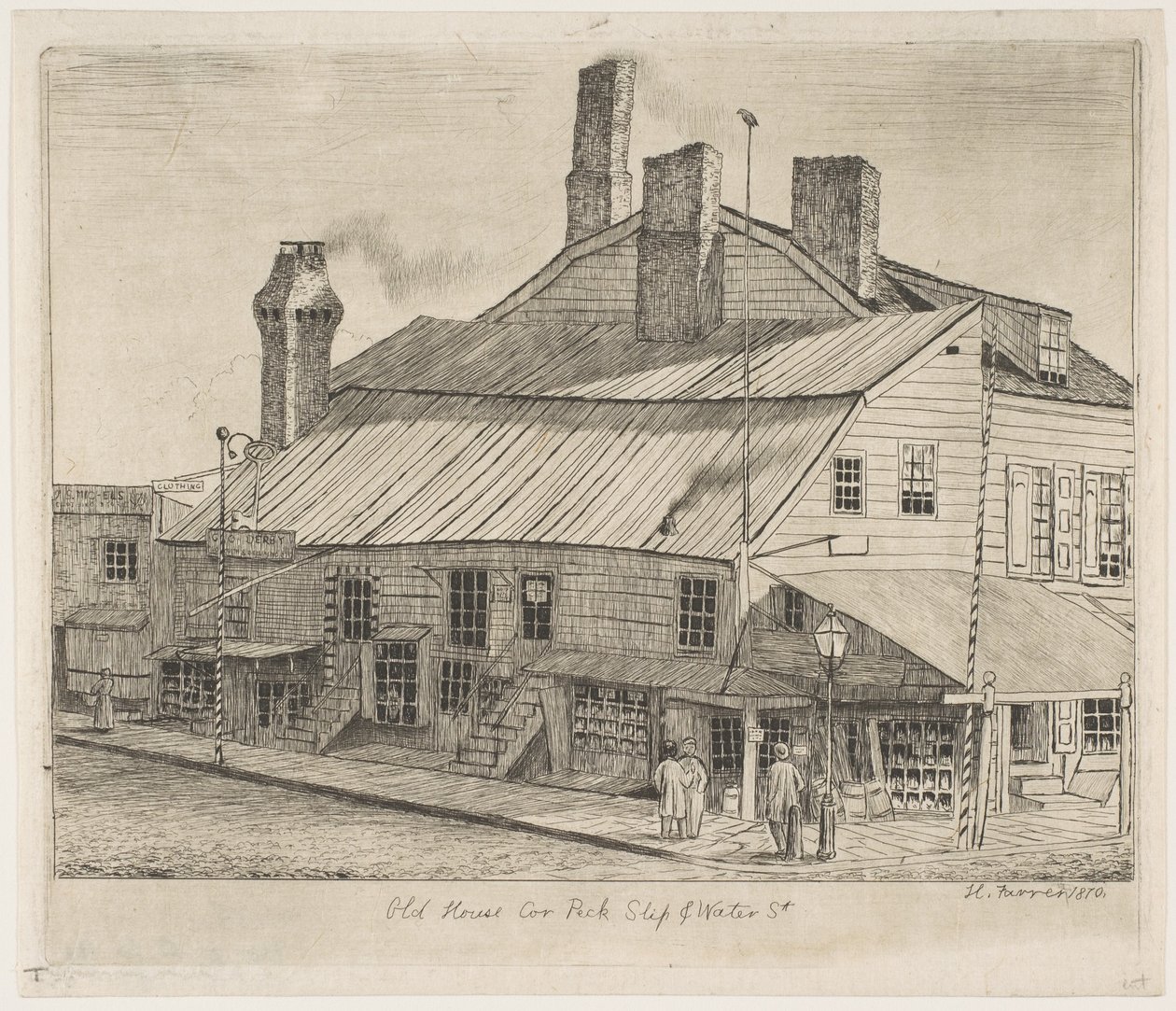 Oud huis, hoek van Peck Slip en Water Street, uit „Taferelen van het oude New York“ door Henry Farrer