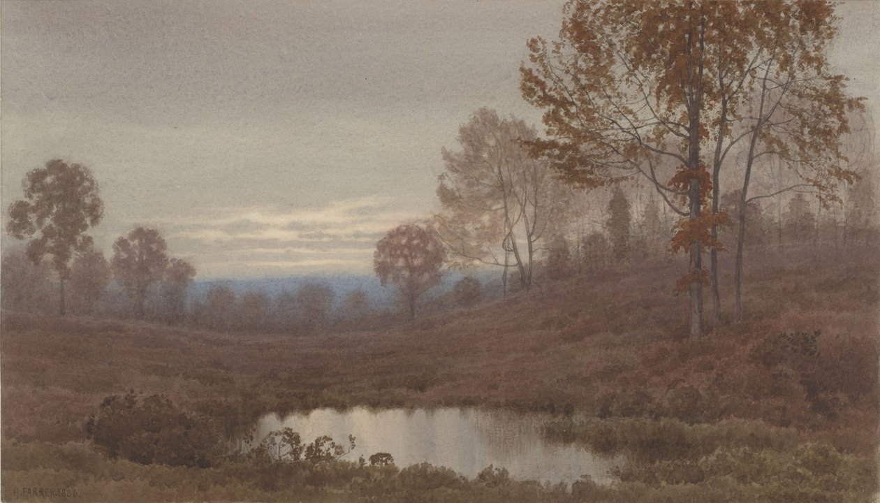 Zonsondergangslandschap met vijver door Henry Farrer