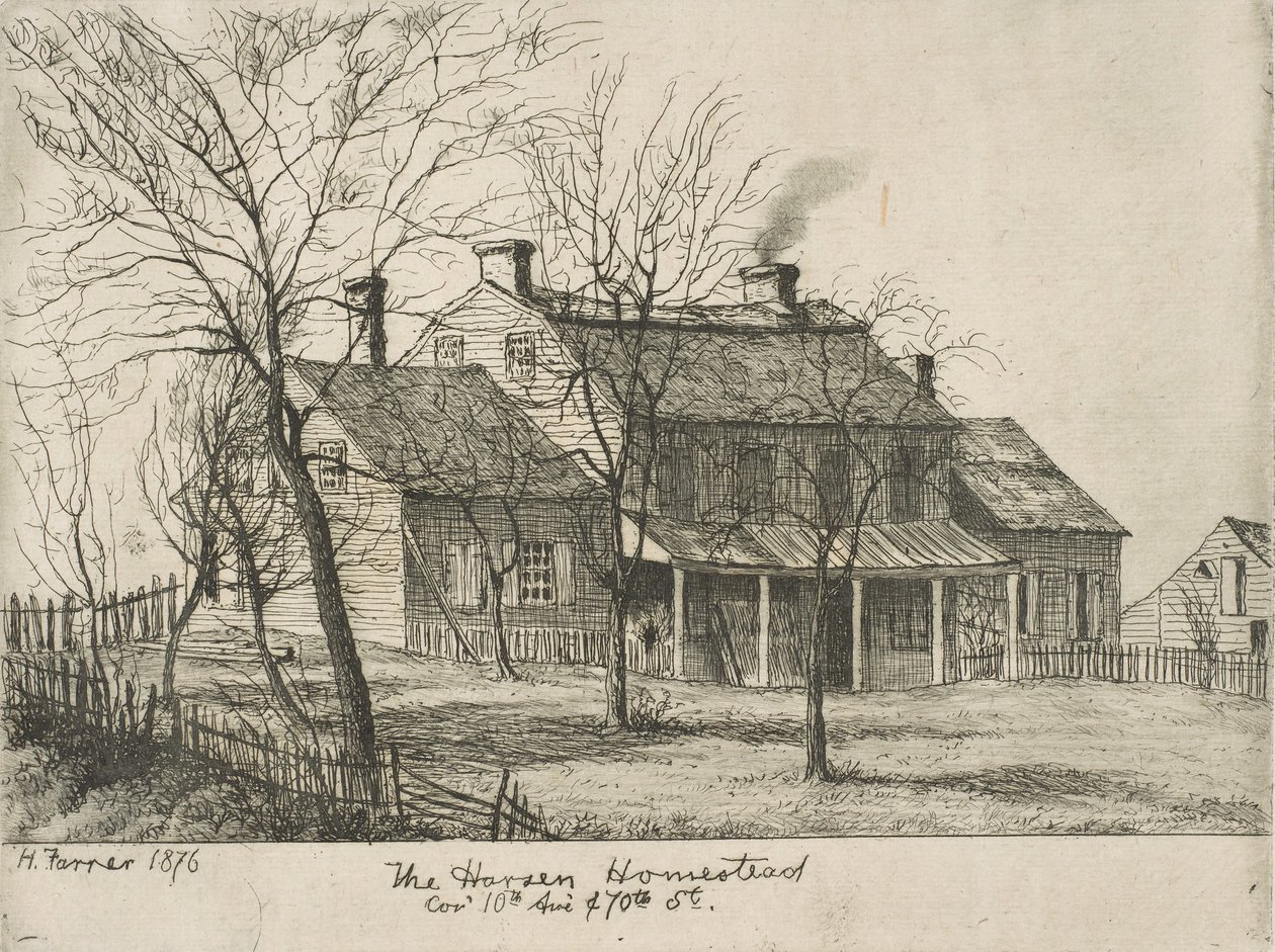 De Harsen Homestead, Hoek van 10th Avenue en 70th Street uit Scènes van Oud New York, 1876 door Henry Farrer