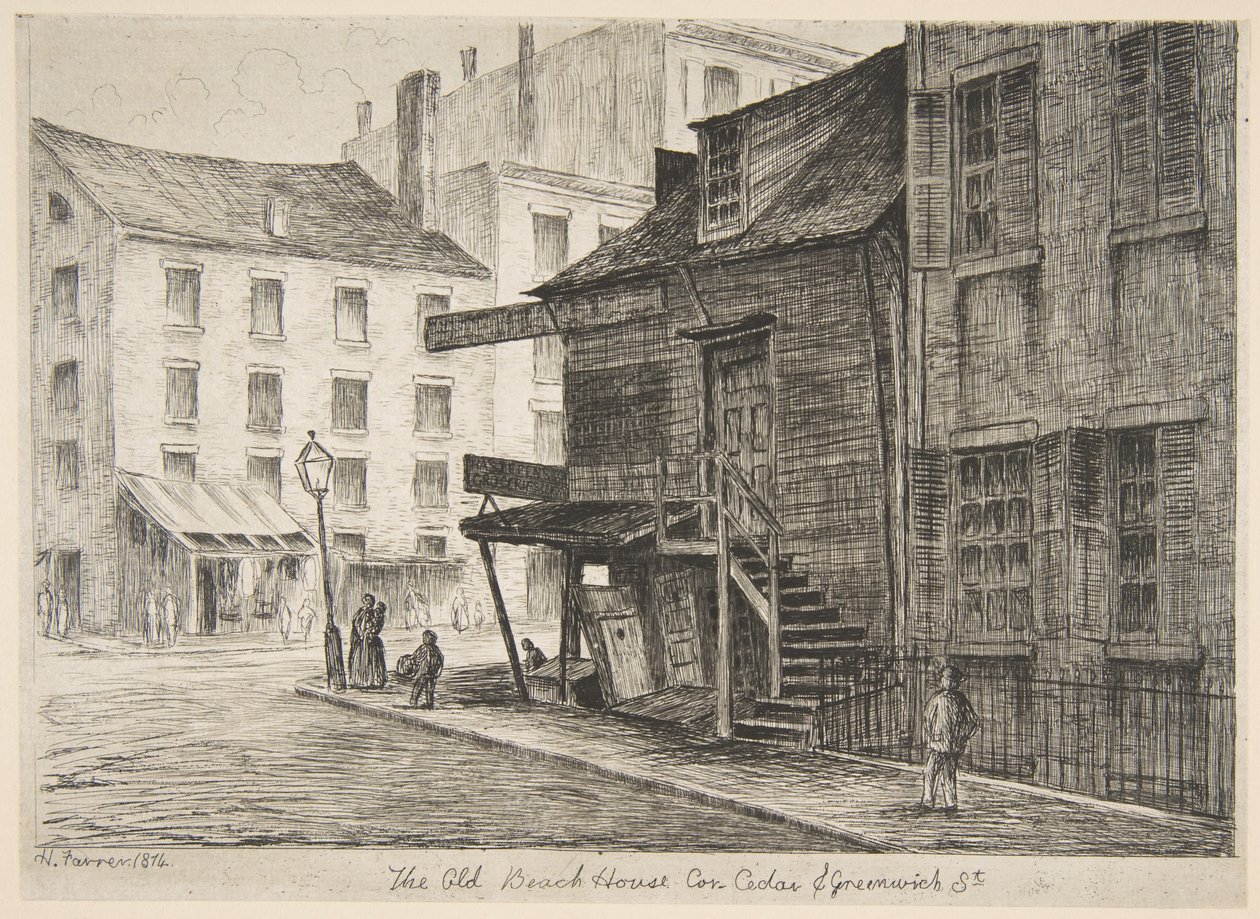 Het oude strandhuis, hoek van Cedar Street en Greenwich Street, uit „Taferelen van het oude New York” door Henry Farrer
