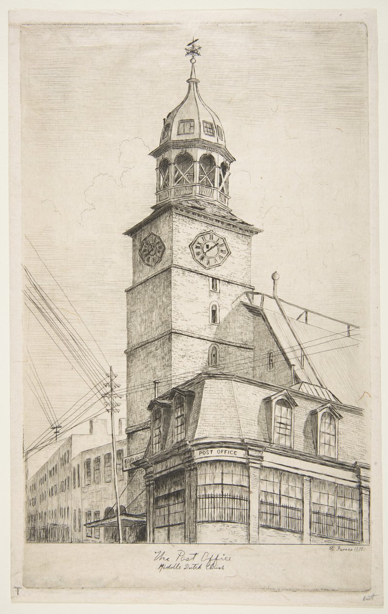 Het postkantoor, Middle Dutch Church, uit „Taferelen van het oude New York“ door Henry Farrer