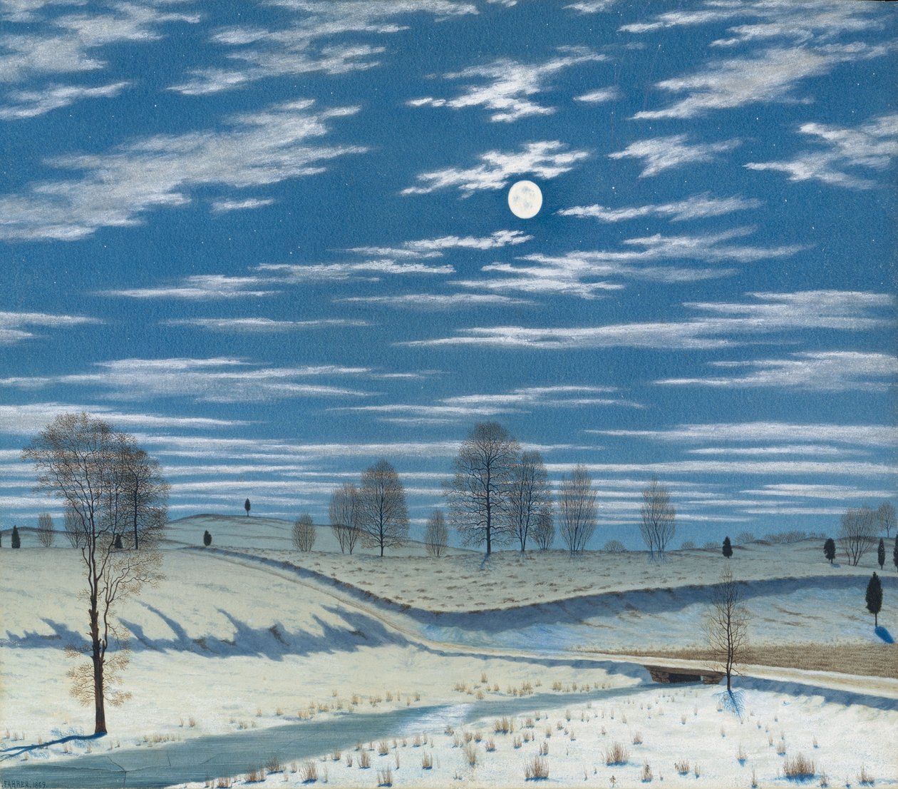 Winterscène bij maanlicht, 1869 door Henry Farrer