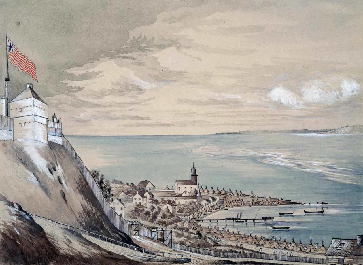 Fort en dorp Mackinaw, met het Indianenkamp, september 1842 door Henry Francis Ainslie