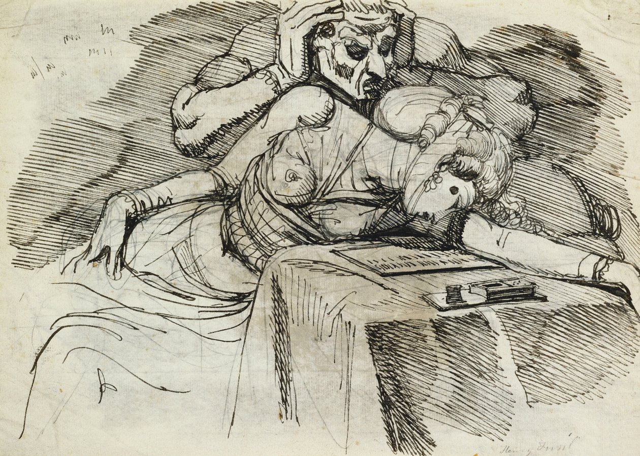 Een Vrouw die Flauwvalt aan een Schrijftafel, met een Dreigende Figuur erachter door Johann Heinrich Füssli