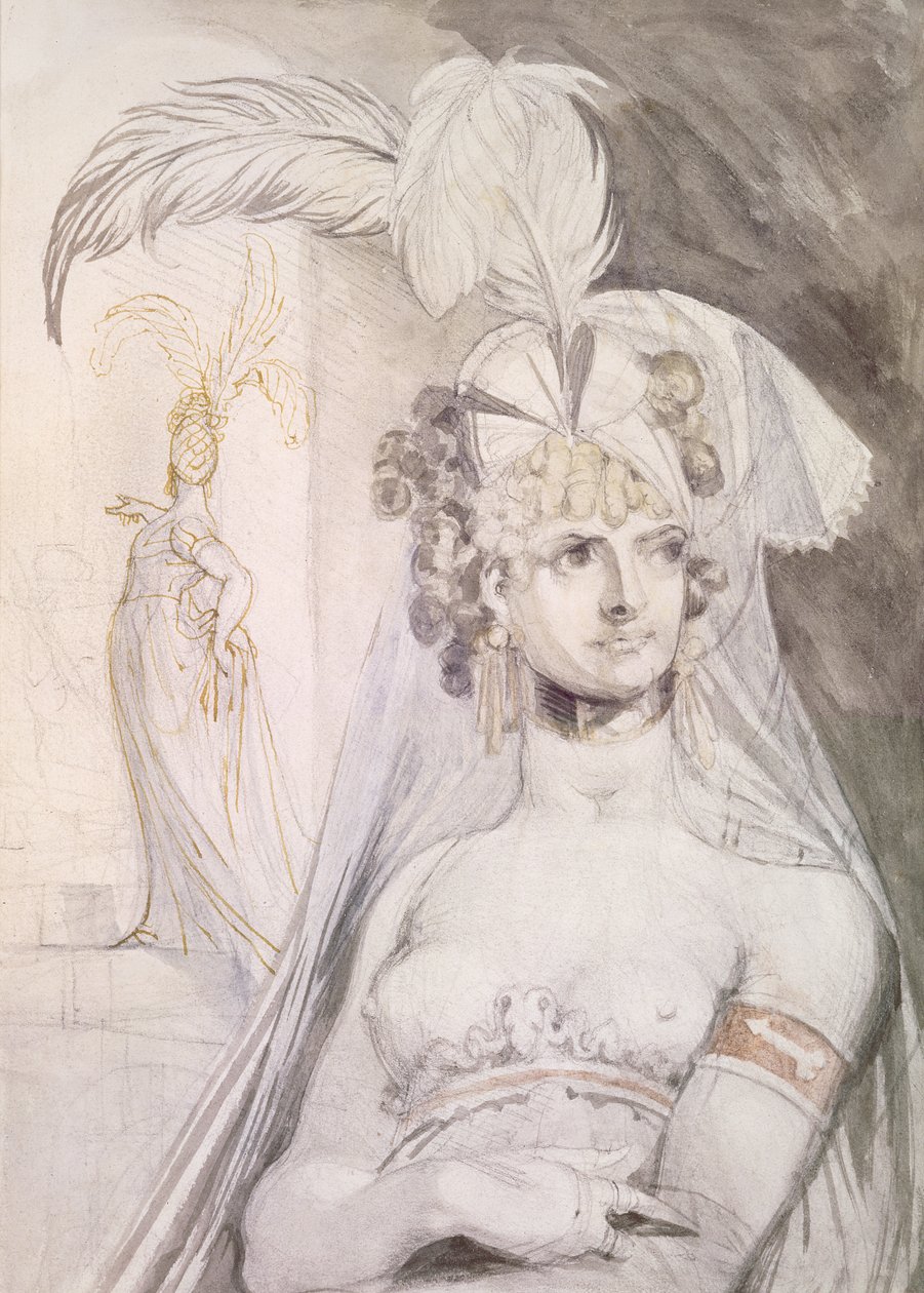 Halve Figuur van een Courtisane met Veren, een Strik en een Sluier in haar Haar door Johann Heinrich Füssli