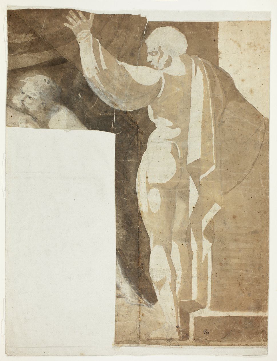Mannelijke figuur met opgeheven linkerarm gezien van achteren, en fragment van oude man door Johann Heinrich Füssli