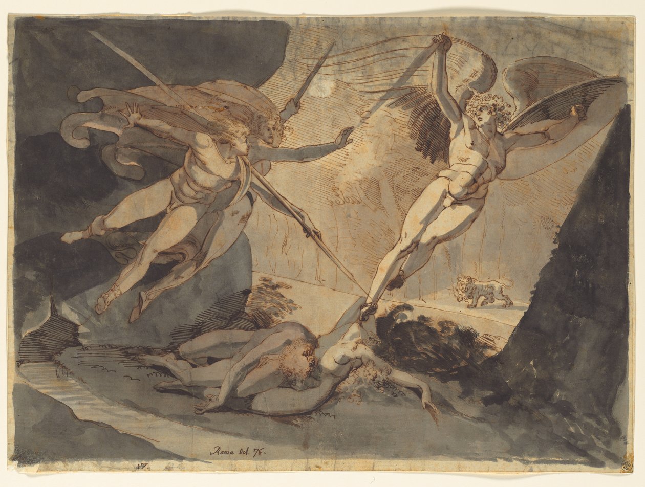 Satan schrikt van de aanraking van Ithuriels speer door Johann Heinrich Füssli