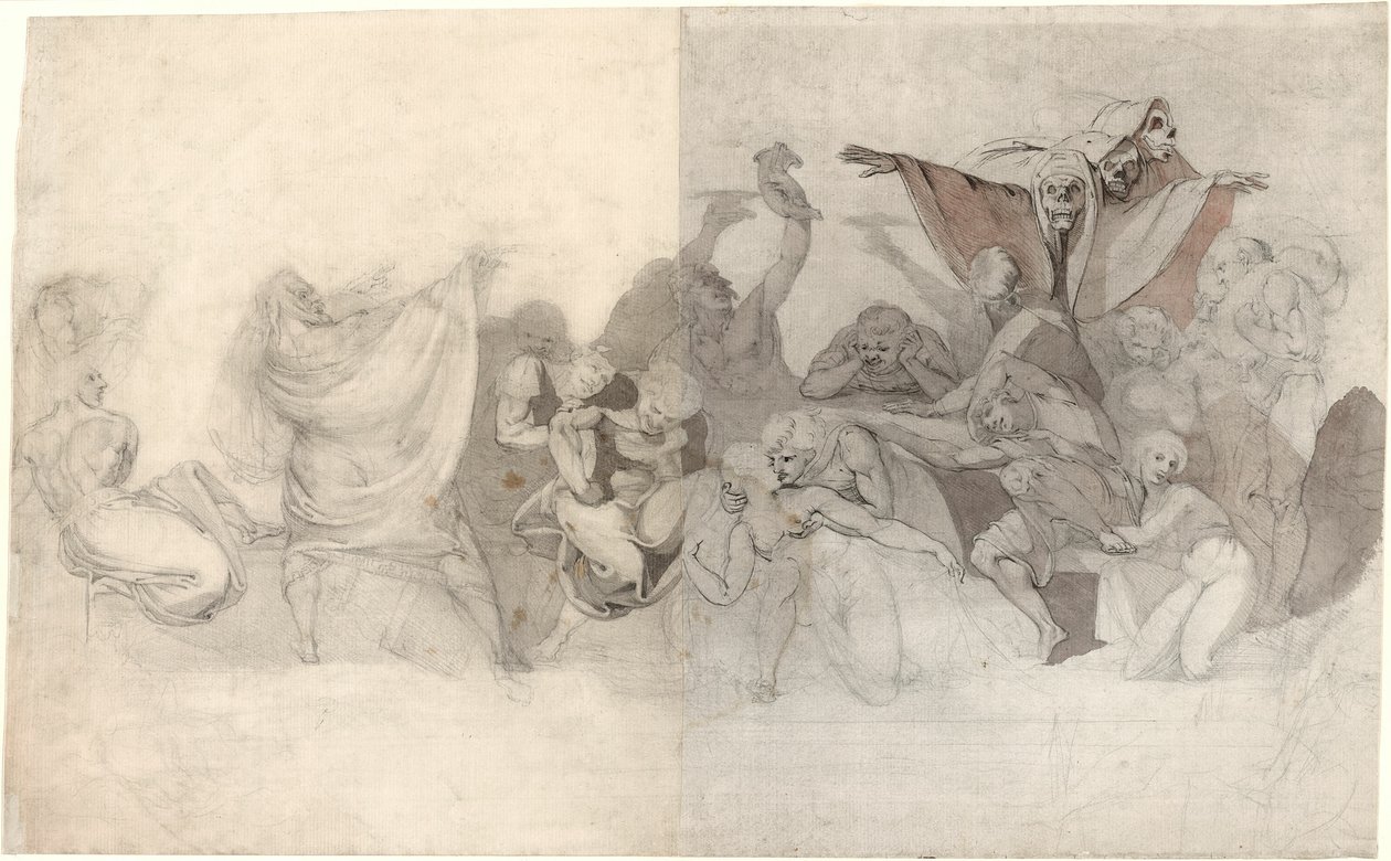 Triomf van de dood: Drie skeletten vallen een bacchanaal binnen, georkestreerd door een magiër of een boze demon door Johann Heinrich Füssli