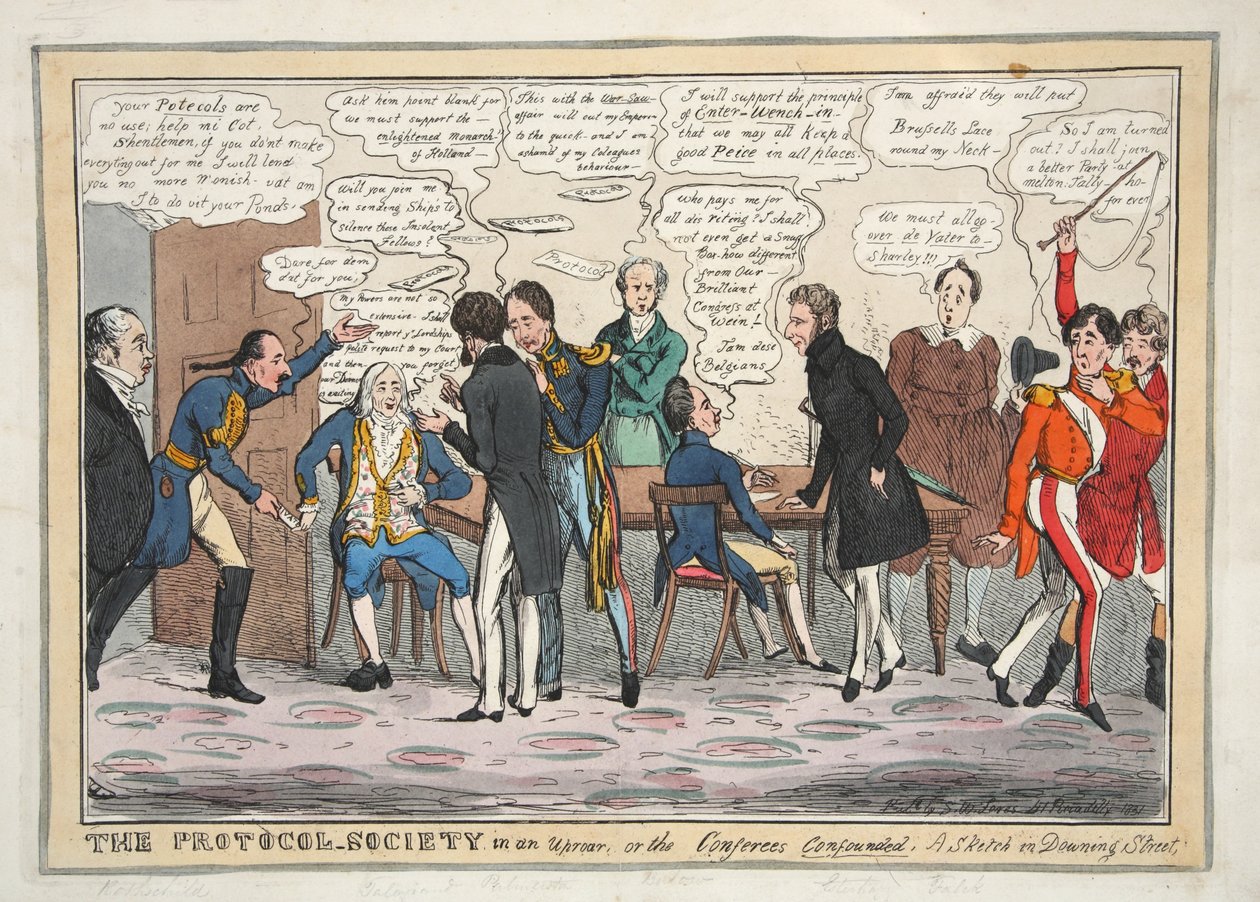 De Protocol-Samenleving in rep en roer, of de Conferenten in verwarring. Een schets in Downing Street, pub. 1831 (handgekleurde gravure) door Henry Heath