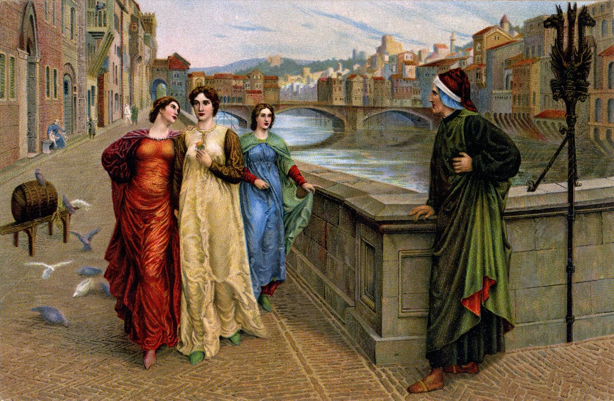 Dante Alighieri ontmoet zijn muze Beatrice Portinari in Firenze, ca. 1890 (prent) door Henry Holiday