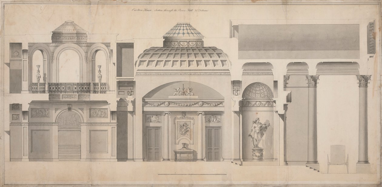 Carlton House, Pall Mall, Londen: Sectie van het portiek, de hal en de tribune door Henry Holland