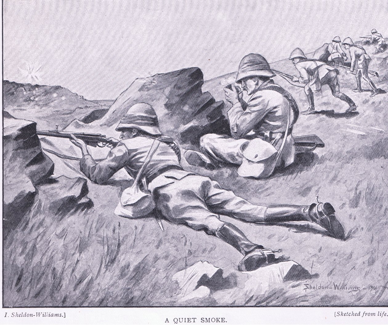 Een rustige rook, uit Na Pretoria: De Guerilla Oorlog uitgegeven door Harmsworth Bros Limited door Henry Inglis Jodrel Sheldon-Williams