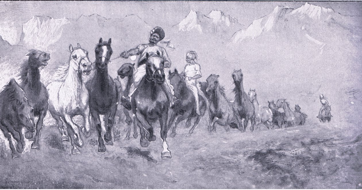 Indiase koelies brengen remounts naar Stellenbosch, uit After Pretoria: The Guerilla War gepubliceerd door Harmsworth Bros Limited, 1901 door Henry Inglis Jodrel Sheldon Williams