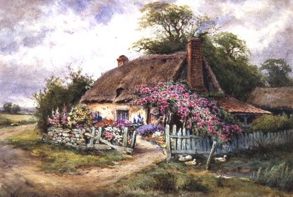 Mooi huisje met eenden door Henry John Sylvester Stannard