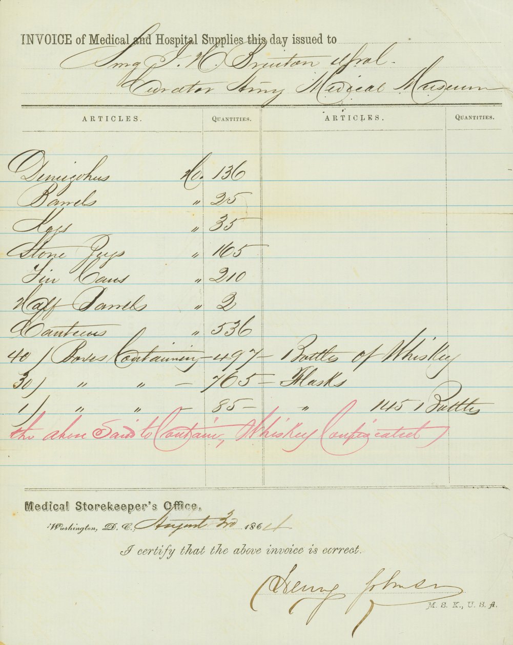 Factuur van medische en ziekenhuisvoorraden, ondertekend door Henry Johnson, 30 augustus 1864 door Henry Johnson