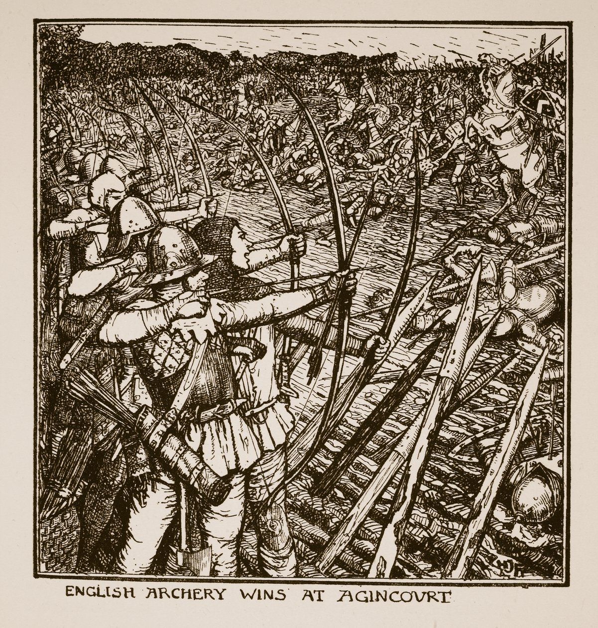 Engelse boogschutters winnen bij Agincourt, illustratie uit 