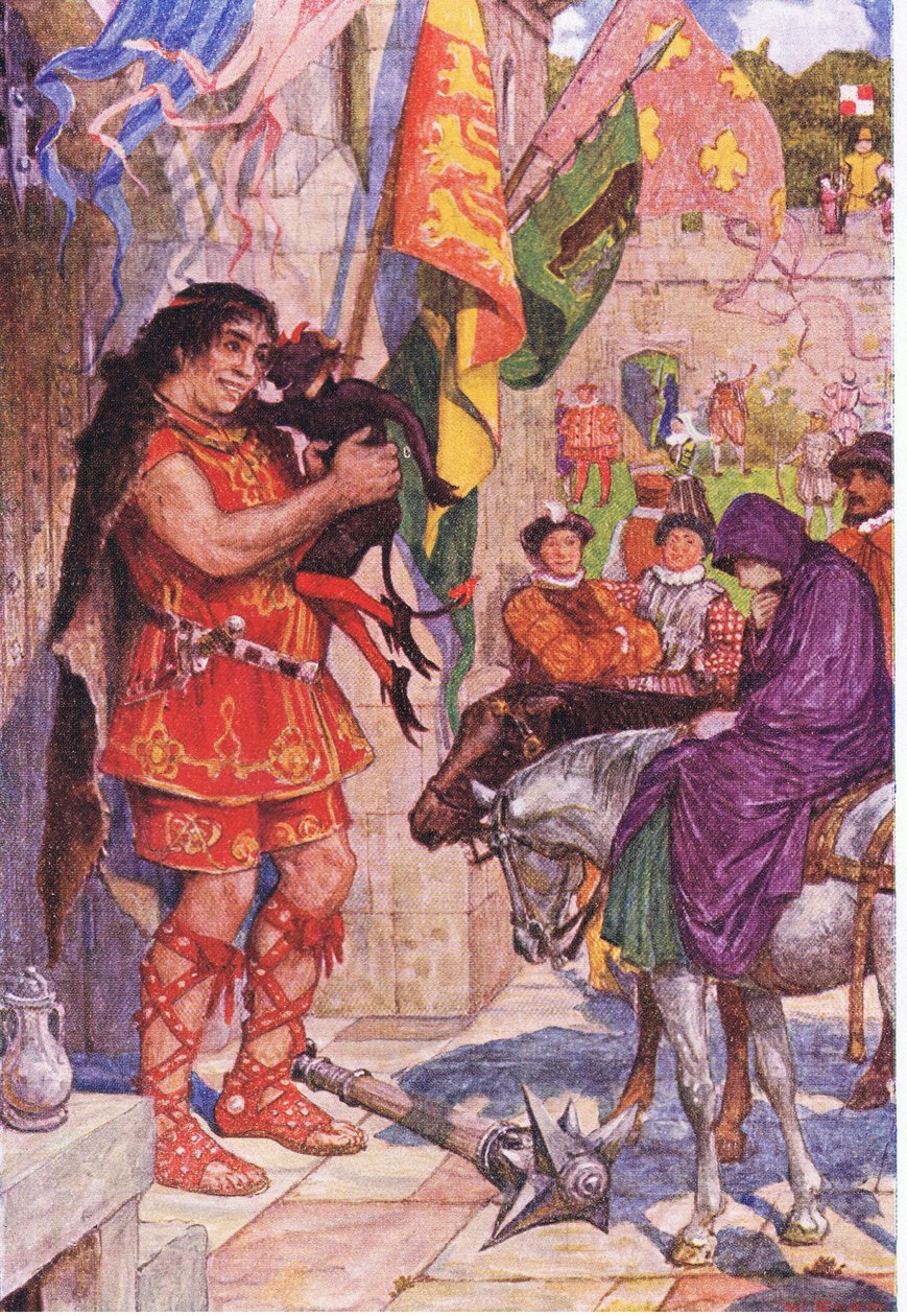 Flibbertibbet verkleed als duivel kalmeert de reus wanneer Wayland Amy naar Kenilworth Castle brengt, illustratie uit Kenilworth, ca. 1910 door Henry Justice Ford