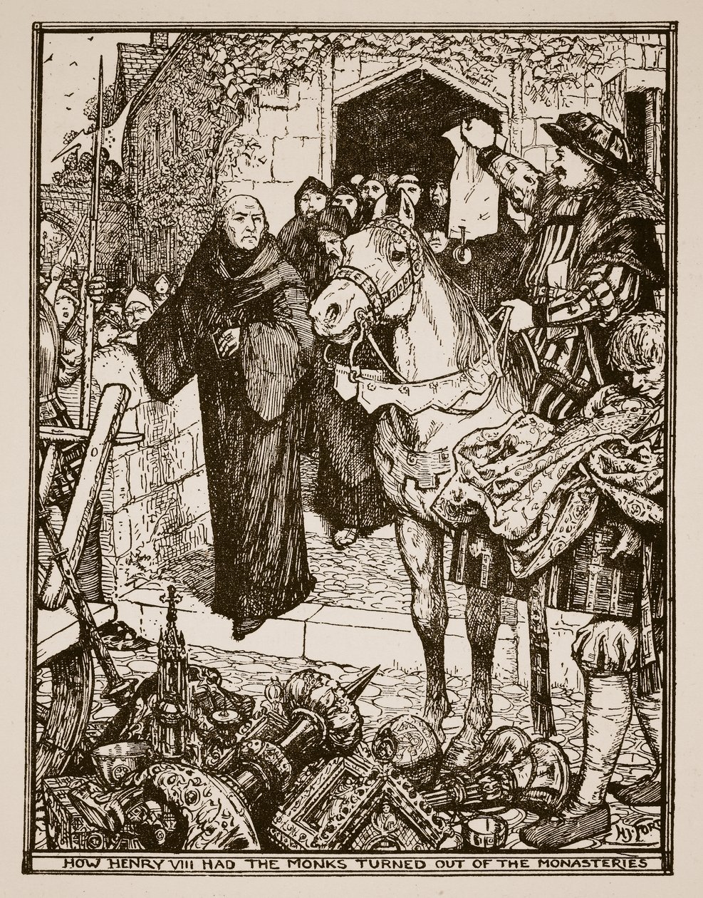 Hoe Hendrik VIII de monniken uit de kloosters zette, illustratie uit 'A ...