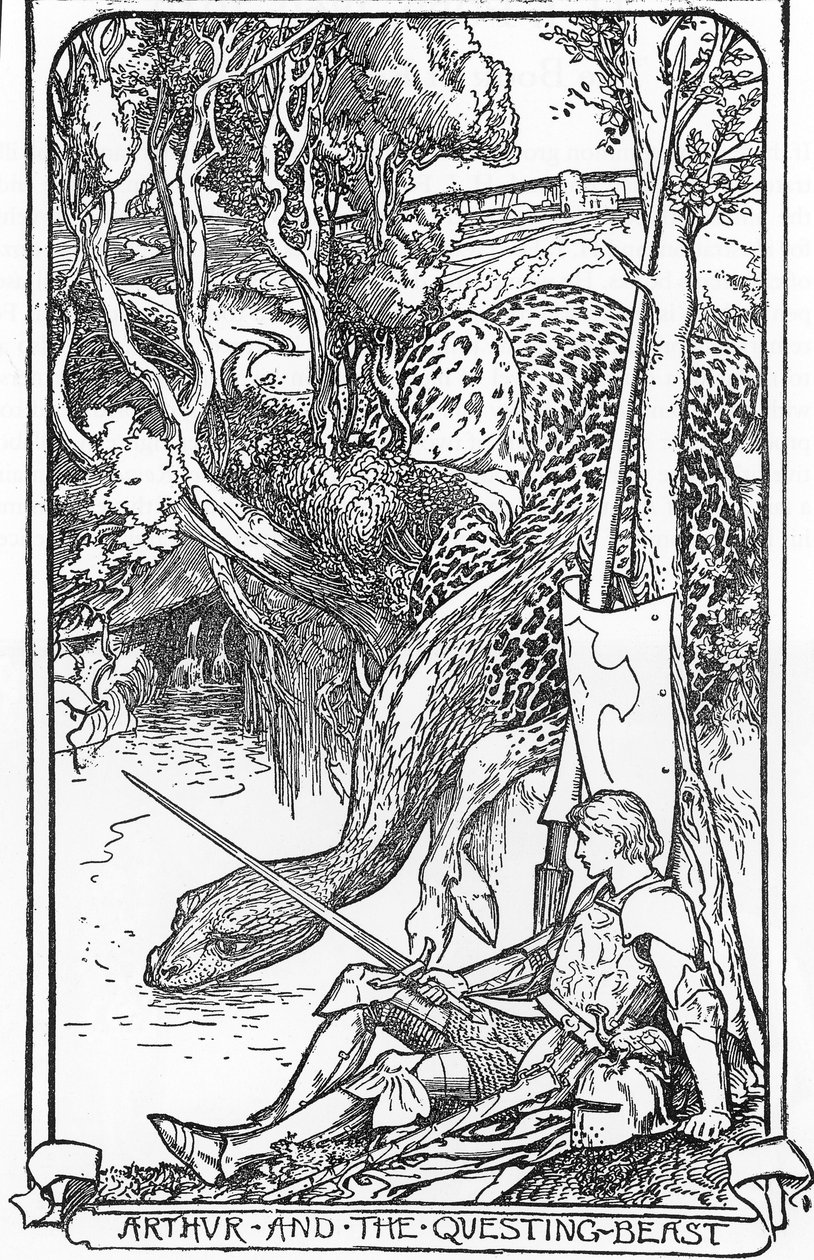 Koning Arthur en het Zoekende Beest Illustratie door HJ Ford (1860-1940) uit “Het boek der romantiek” 1902 Privécollectie door Henry Justice Ford