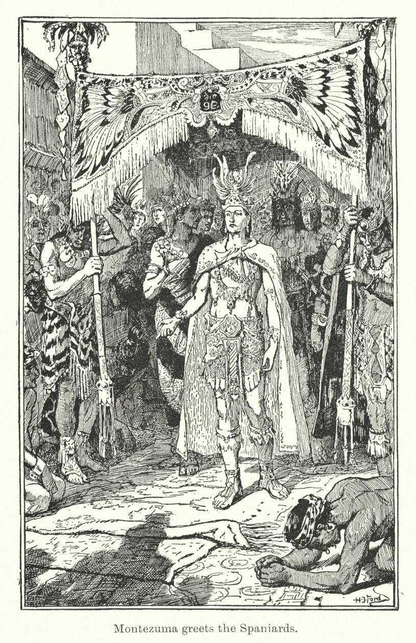 Montezuma begroet de Spanjaarden (gravure) door Henry Justice Ford