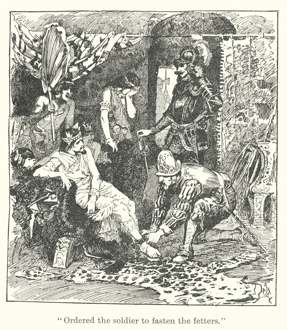"Beval de soldaat de boeien vast te maken" (gravure) door Henry Justice Ford