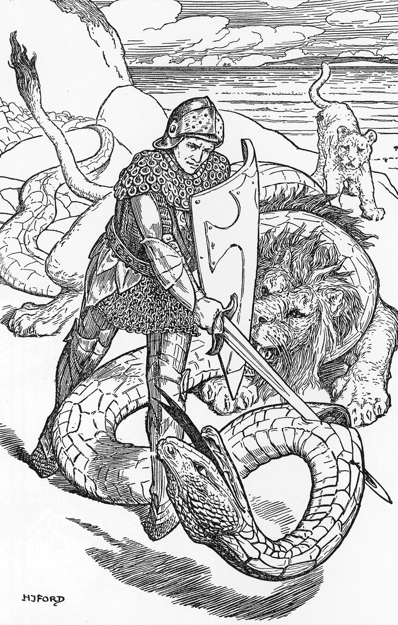 Percival vecht tegen de slang Illustratie door HJ Ford (1860-1940) uit “Het boek der romantiek” 1902 Privécollectie door Henry Justice Ford